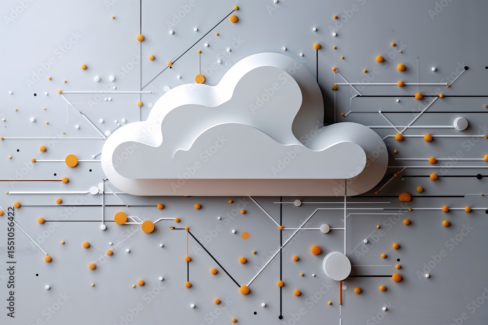 Poster geometric dots and lines integration with cloud technology on a white and silver backdrop