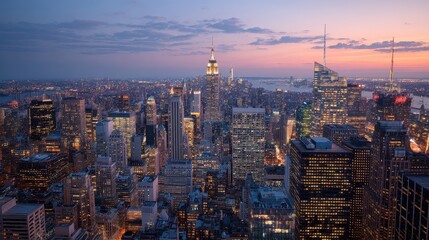 A city skyline at dusk
