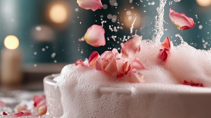 An inviting bathroom setting features rose petals floating atop a bubbling bath, creating a romantic and relaxing atmosphere that embodies tranquility and luxury in home spa design.