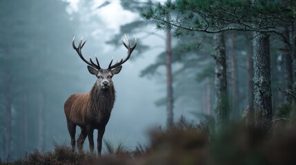 A deer standing in a forest with fog