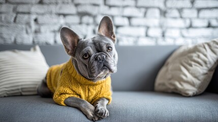 A dog wearing a yellow sweater sitting on a couch