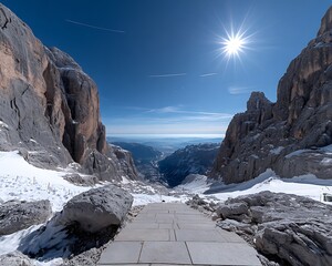 Mountain pass path, sunlit vista