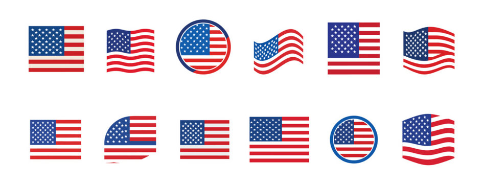 American flag set, USA waving flag collection, United States. Collection of American flags waving in different styles and directions