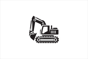Black and white, with a simple and minimalistic Excavator silhouette isolated on a white background