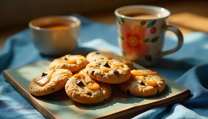 Chocolate chip cookies with caramel with coffee, National Chocolate Caramel Day. A plate of warm chocolate chip cookies with a cup of frothy hot cocoa., created with generative ai