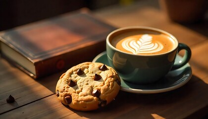 Chocolate chip cookies with caramel with coffee, National Chocolate Caramel Day. A plate of warm chocolate chip cookies with a cup of frothy hot cocoa.,  created with generative ai