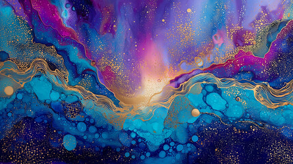 A blue and gold textured background for vibrant expression, splashes of liquid, weaving pattern