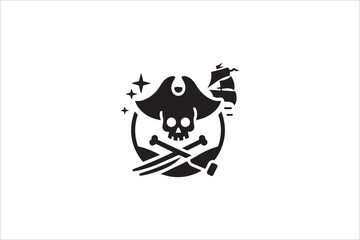 Black and white, with a simple and minimalistic pirate silhouette isolated on a white background