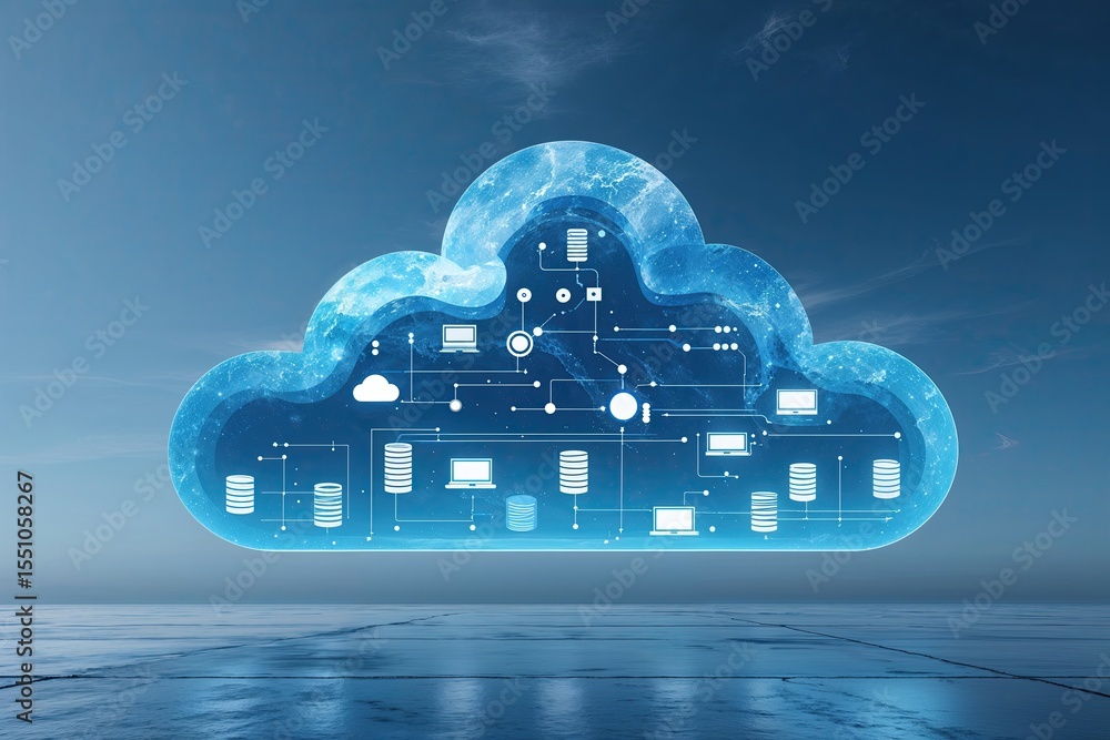 Aufkleber advanced cloud solutions for effortless database migration on a vibrant blue platform