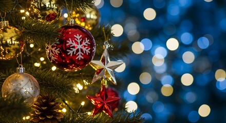 Obraz premium Christmas tree with ornaments and festive lights