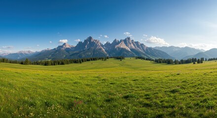 Naklejka premium Majestic Mountain Panorama: A Breathtaking Alpine Meadow