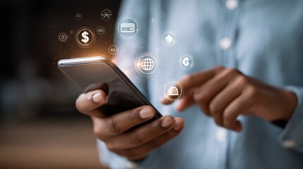 A person holding a cell with icons coming out of it