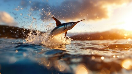 A magnificent marlin is seen jumping out of the sparkling ocean, capturing the thrill of ocean life and the beauty of marine sports in a stunning action shot.