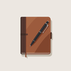 Brown Leather Notebook with Black Ballpoint Pen Top View Flat Lay Illustration black pen