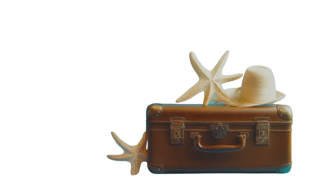 Vintage suitcase packed with travel and vacation accessories including hat, camera, and map isolated on white background