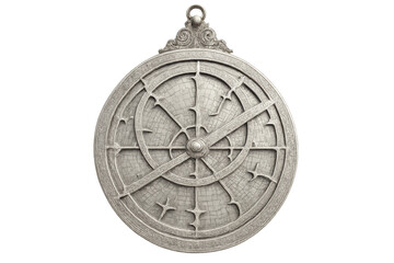 Intricate metallic astrolabe, an ancient astronomical instrument, isolated on transparent background, used for navigation and timekeeping