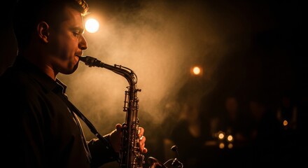 Saxophonist Performing on Stage in Dramatic Lighting