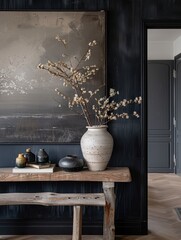 A vase of flowers sits on a wooden bench