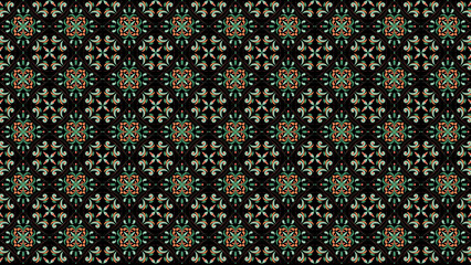 Seamless pattern of floral and geometric elements on a black background in a repeating design