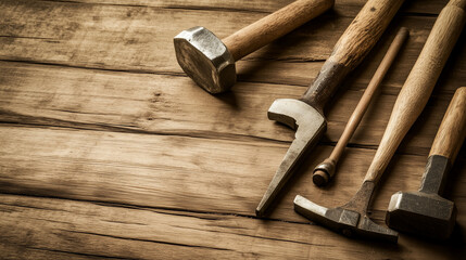 Vintage woodworking tools on a rustic table, hammer and chisel in focus, conveying timeless craftsmanship and tradition.