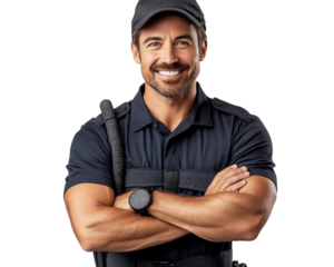 Confident male security guard with crossed arms smiling, wearing navy blue uniform with cap and gear, ready for duty and ensuring safety and protection