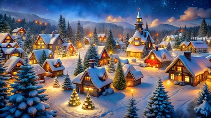 Enchanting snow covered village nestled in mountains under a starry night sky with warm glowing lights