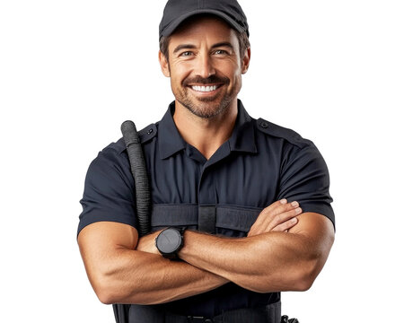 Confident male security guard with crossed arms smiling, wearing navy blue uniform with cap and gear, ready for duty and ensuring safety and protection