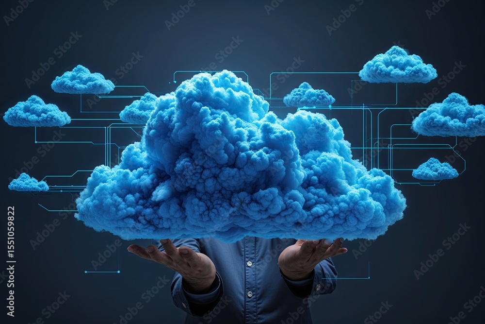 Poster dynamic blue cloud visualization showcasing innovative cloud technology and data storage concepts on