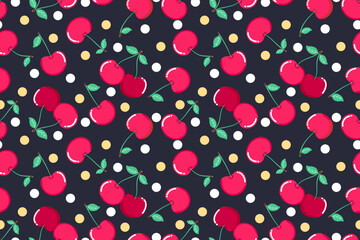 Summer seamless pattern with vector illustrations of fruits Hand drawn healthy food set and cherry cartoon background.	