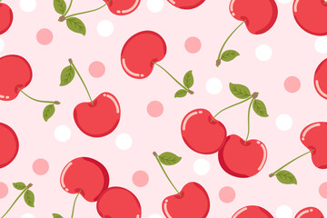 Summer seamless pattern with vector illustrations of fruits Hand drawn healthy food set and cherry cartoon background.	
