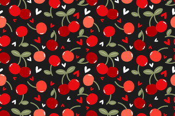 Summer seamless pattern with vector illustrations of fruits Hand drawn healthy food set and cherry cartoon background.	
