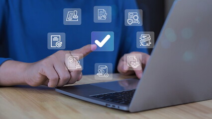 businessman touches an approved document icon on a digital interface, representing the approval of business project proposals, quality assurance,and online evaluation in a modern business environment.