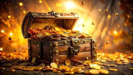 Antique wooden treasure chest overflowing with shimmering gold coins and falling golden orbs against a warm bokeh background