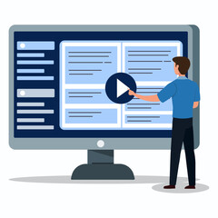 A young student standing on front of computer and clicking play button to reading e-book. Online education concept.