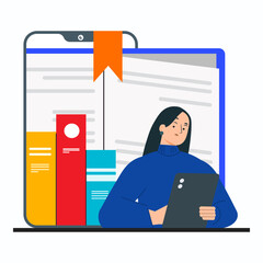 A woman student using tablet computer to reading e-book. Online education concept.