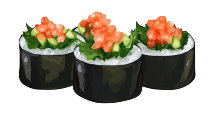 Fresh sushi gunkan roll topped with green seaweed salad and rice wrapped in nori isolated on white background

