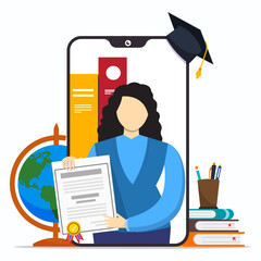 Online education concept. A woman holding certificate of online course.