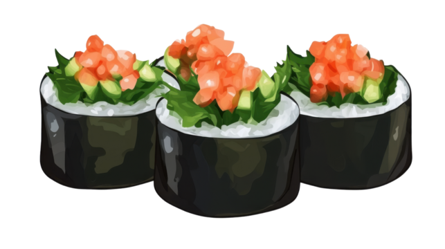 Fresh sushi gunkan roll topped with green seaweed salad and rice wrapped in nori isolated on white background

