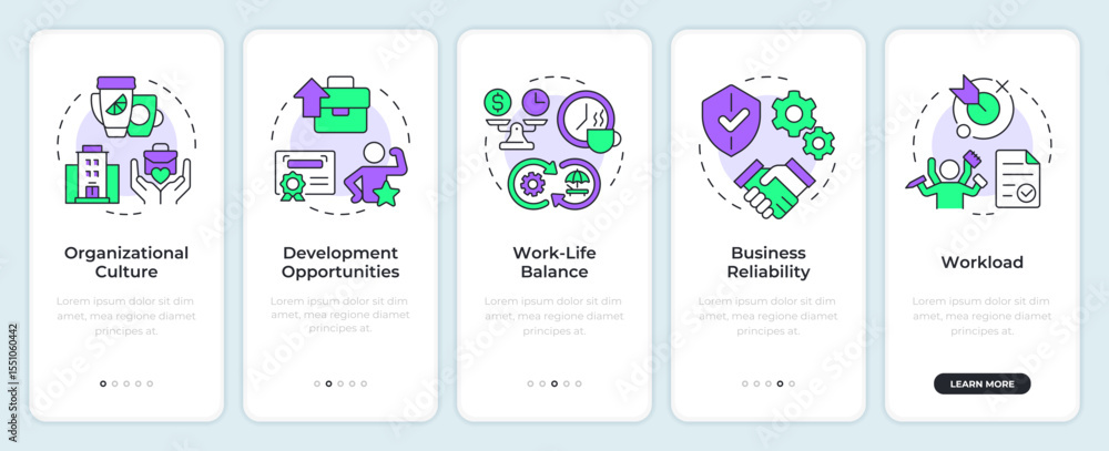 Poster job satisfaction key drivers onboarding mobile app screen. walkthrough 5 steps editable graphic inst