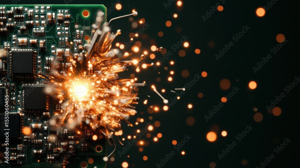 Poster an intricate circuit board bursts with energy and sparks, representing the dynamic relationship betw