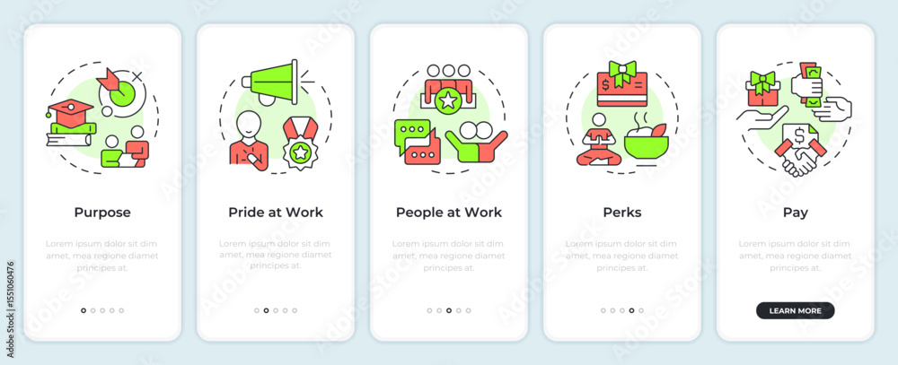 Poster 5p of employee fulfillment onboarding mobile app screen. walkthrough 5 steps editable graphic instru