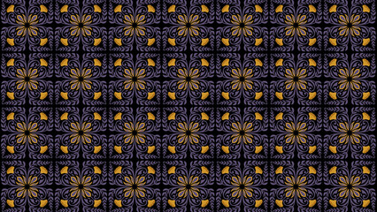 Ornate floral pattern with gold and gray details arranged in a symmetrical repeating design on black
