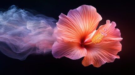 Fototapeta premium A stunning hibiscus flower emerges against a dark background, surrounded by wispy smoke, capturing beauty and the ephemeral nature of life.