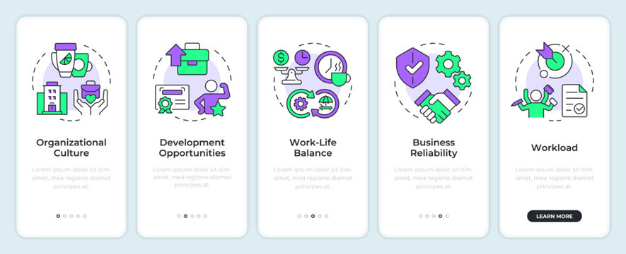 Job satisfaction key drivers onboarding mobile app screen. Walkthrough 5 steps editable graphic instructions with linear concepts. UI, UX, GUI. Montserrat SemiBold, Regular fonts used - Powered by Adobe