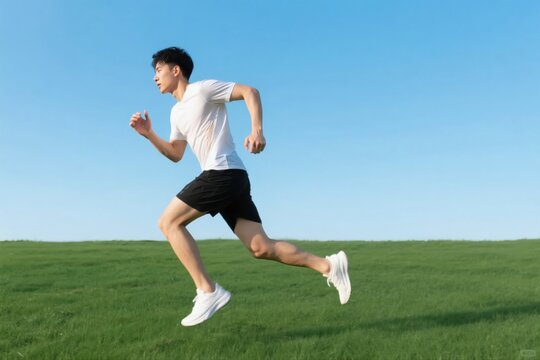 Man Running on Grassy Field - Powered by Adobe