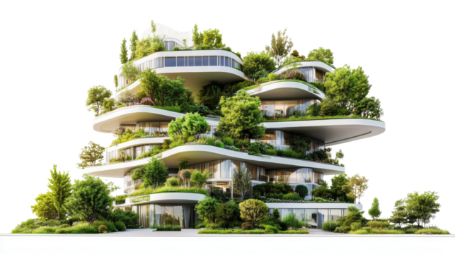 Sustainable urban landscape panorama with green architecture, eco-friendly buildings and city nature integration isolated on white background
