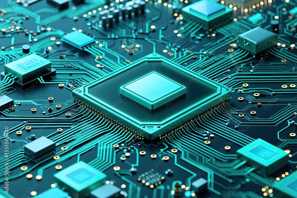 Poster vibrant turquoise circuit network background vector for next generation quantum computing technology