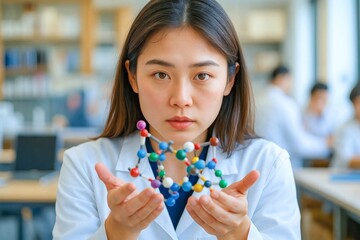 A focused young researcher in a science lab analyzing a molecular model. The scene captures a professional setting, emphasizing science, education, and innovative thinking.