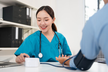 Blood pressure, man and doctor in office with discussion, help and advice for hypertension. Clinic,...