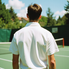Man in White Polo Shirt on Tennis Court: A Summery, Minimalist Image